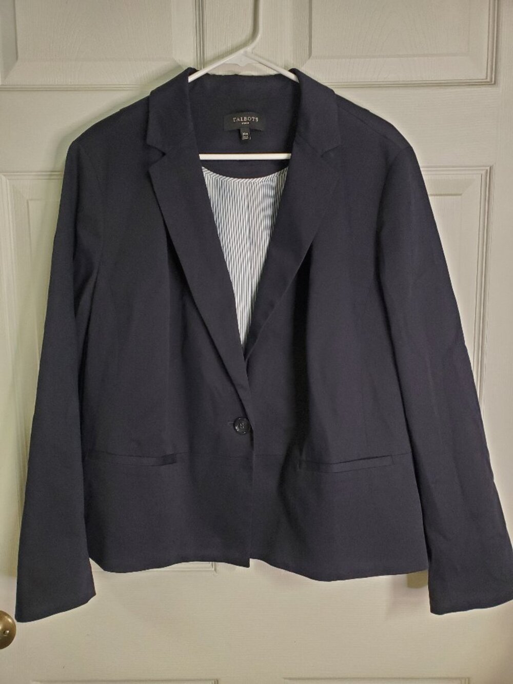 Talbots Blazer Women Size 20W Navy Single Button Closure W/ Striped Lining